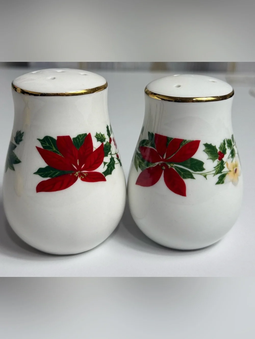 Holiday Floral Porcelain Salt and Pepper Shakers - White and Red